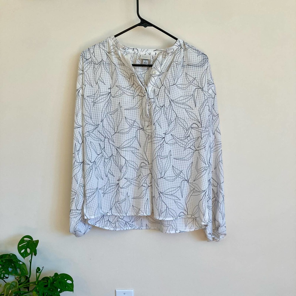 a new day White Leaf Pattern Long Sleeve Blouse
